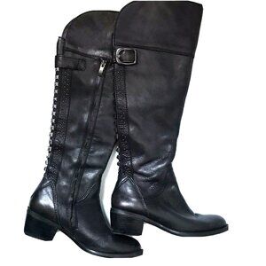 Vince Camuto VC Bollo Leather Two Tone Studded Equestrian zip black boots 6.5